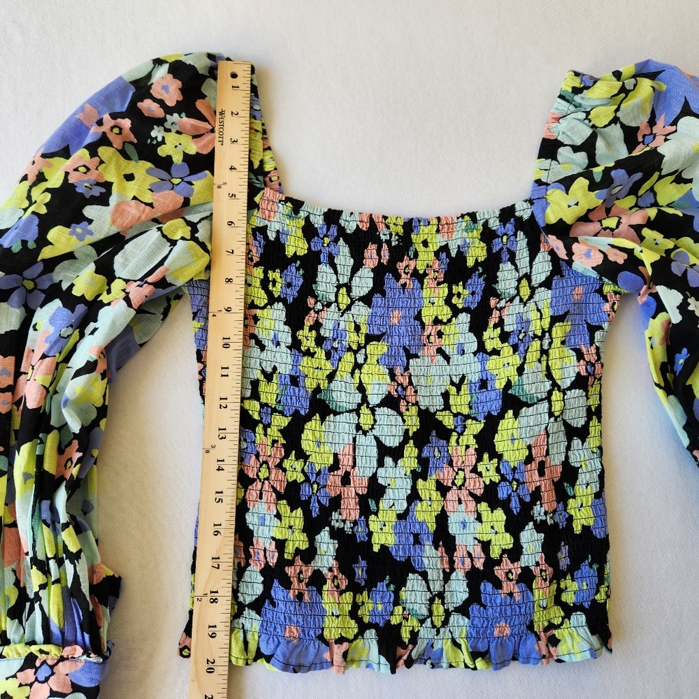 Free People Ariana Floral Colorful Printed Crop Top Blouse Long Sleeves Medium - Picture 15 of 15